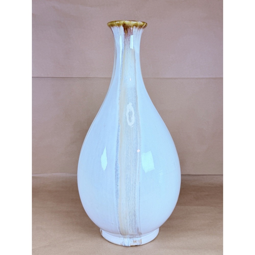 Large 16" White Brown Drip Glaze Ceramic Vase Long Neck Art Pottery Decor